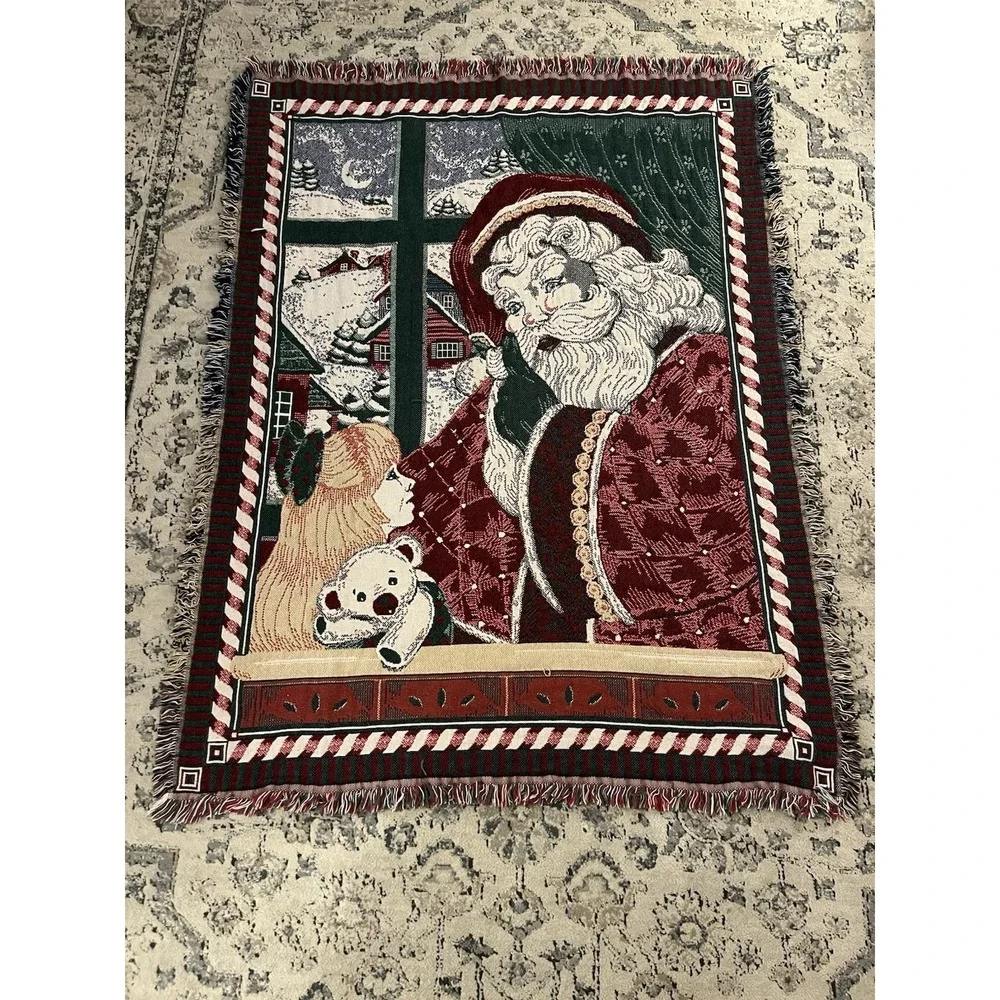 VTG 1996 Goodwin Weavers Tapestry Throw Lap Blanket Christmas Santa Little Girl